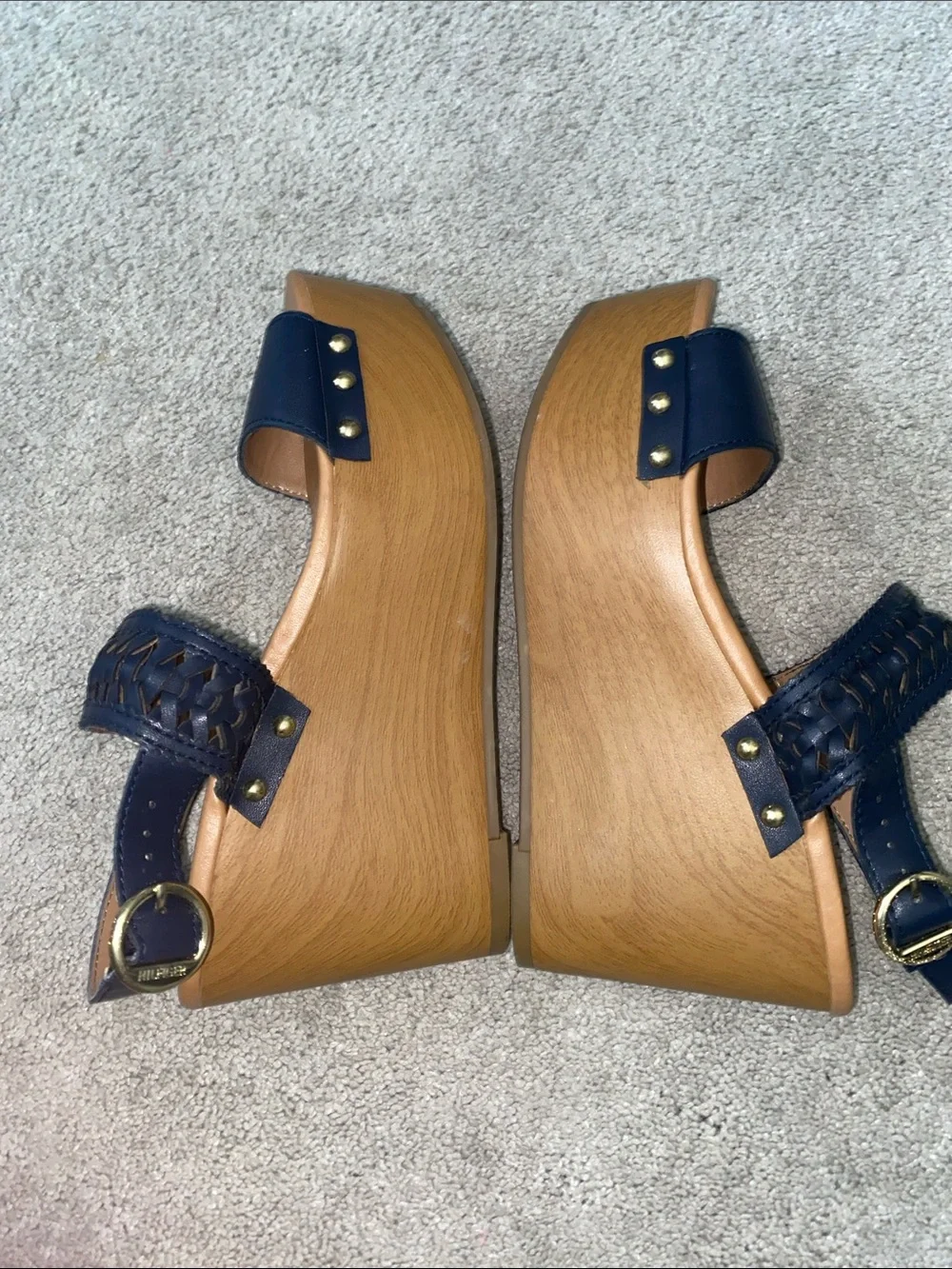 Tommy Hilfiger Platform Wedges Sandals Womens 7.5M Blue Gold Logo Strappy Boho